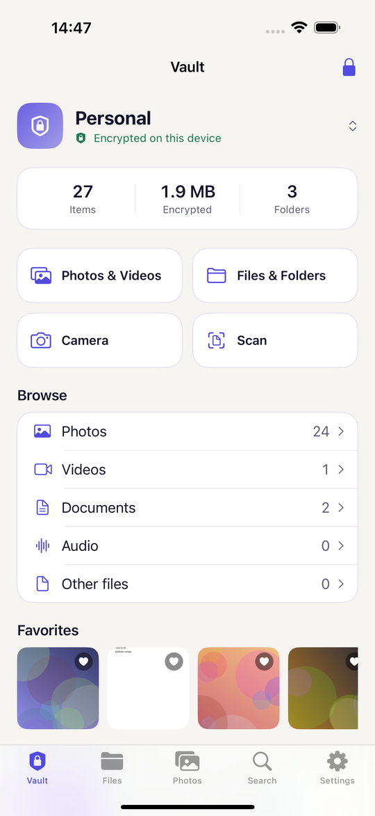 Veylux vault screen showing encrypted items, categories and favourites