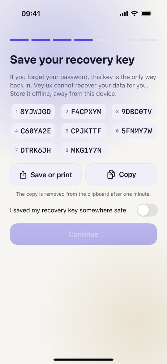 Recovery key screen